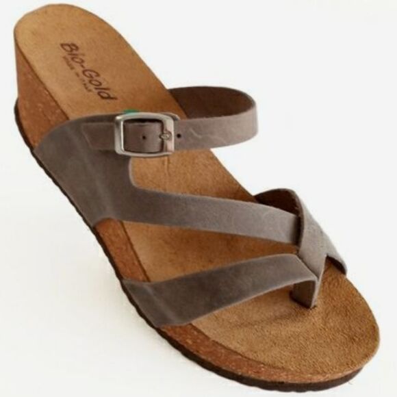 BRAND BIO-GOLD CORK WEDGE  GEOMETRIC CUTE OUT OPEN-TOE SANDAL R3 - Picture 4 of 15